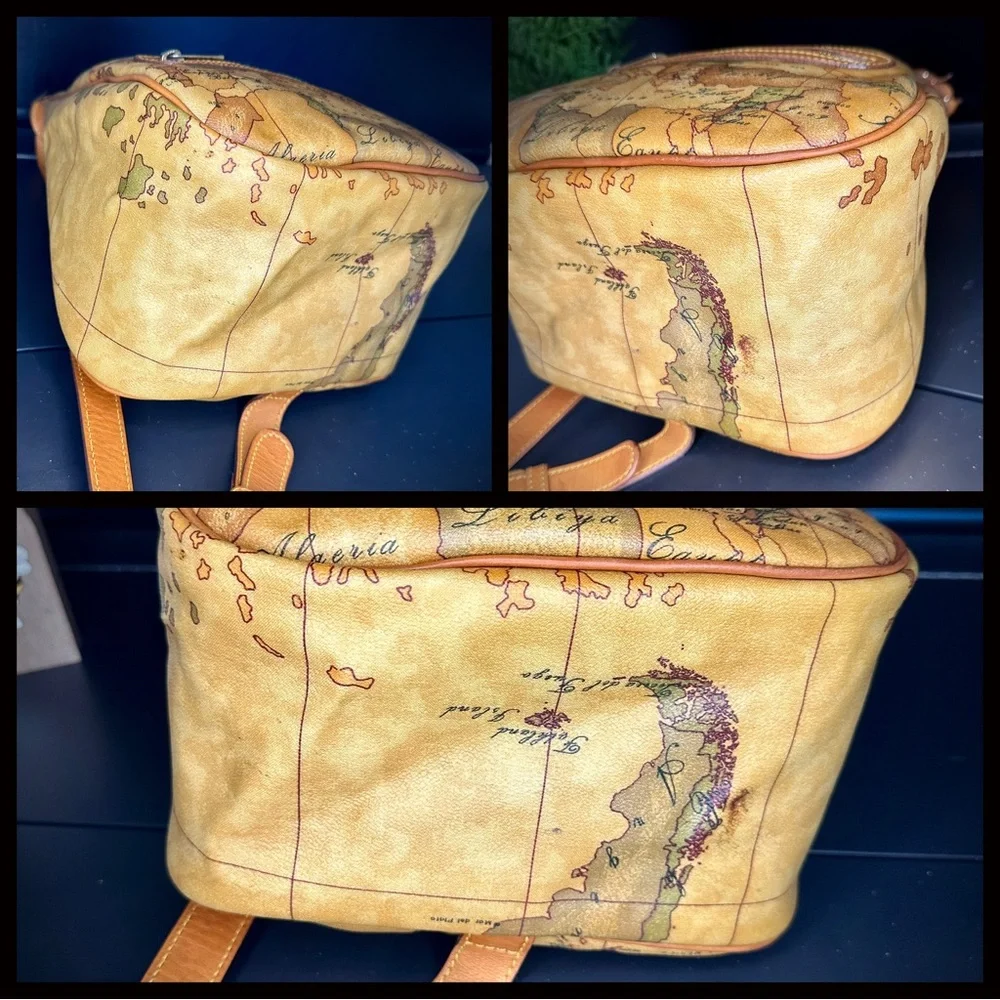 Vintage Alviero Martini 1A Classe Geo Map Coated Canvas Leather Sling Backpack